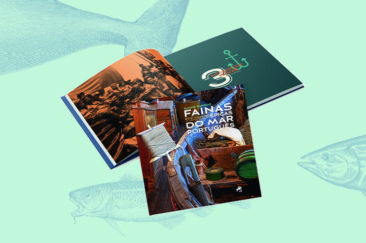 Capa do livro Fainas Épicas do Mar Português, no fundo estão algumas ilustrações de peixes.